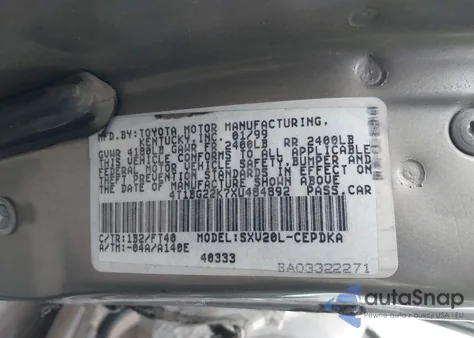 1999 Toyota Camry Ce z USA, uszkodzony, nr VIN 4T1BG22K7XU484892